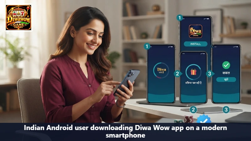 Indian Android user downloading Diwa Wow app on a modern smartphone
