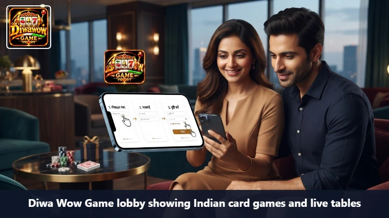 Diwa Wow Game lobby showing Indian card games and live tables