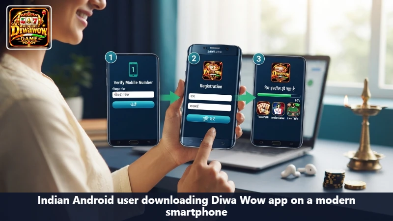 Indian Android user downloading Diwa Wow app on a modern smartphone