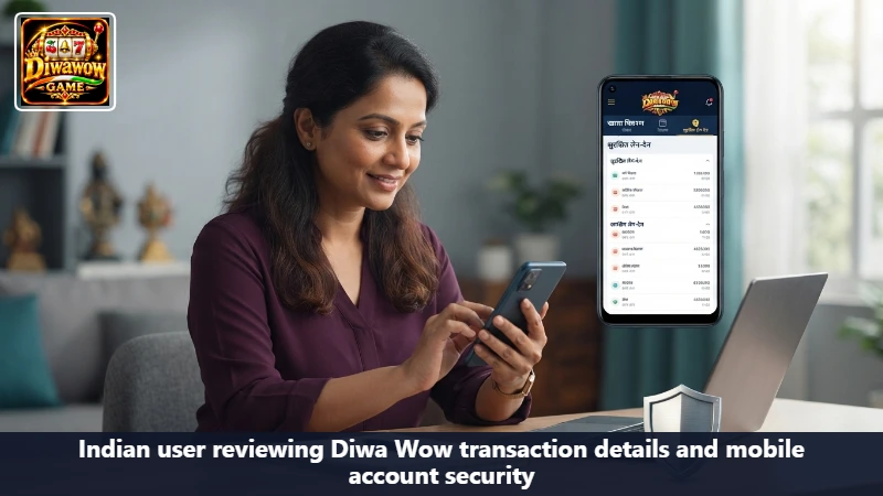 Indian user reviewing Diwa Wow transaction details and mobile account security