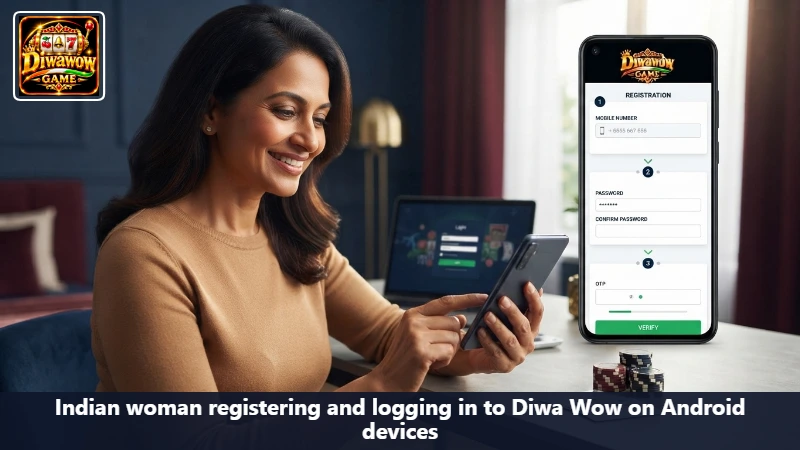 Indian woman registering and logging in to Diwa Wow on Android devices