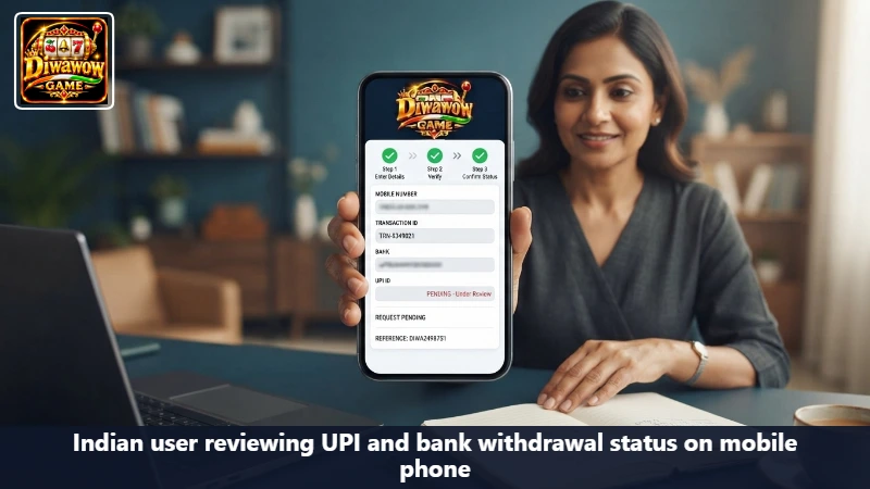 Indian user reviewing UPI and bank withdrawal status on mobile phone